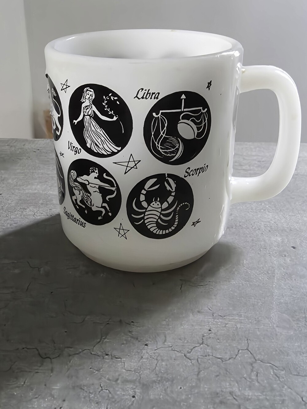 Vintage 1970s milk glass coffee mug decorated, black circular Zodiac Signs